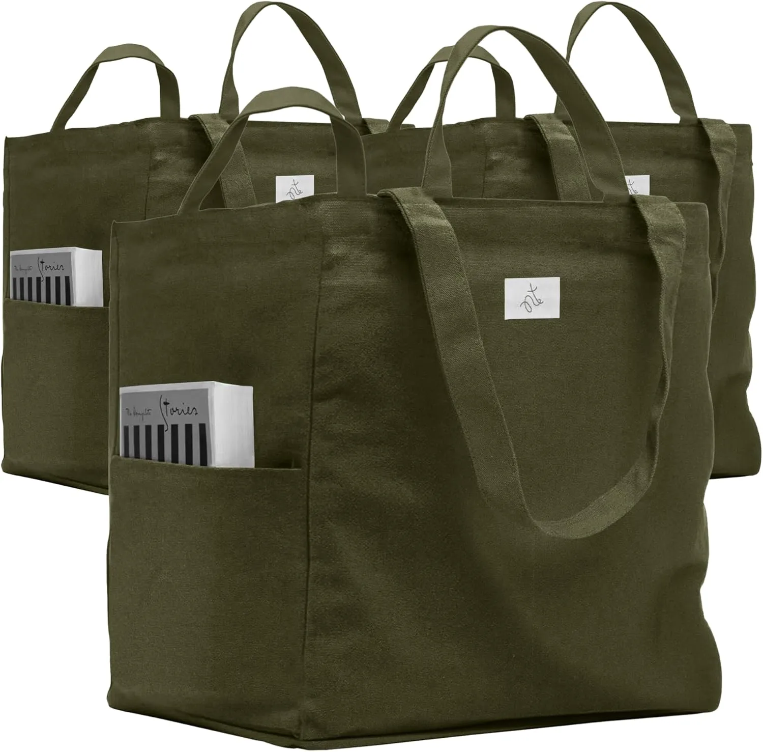 Nook Theory 3 Pcs Reusable Grocery Bags - Heavy Duty Canvas Bags, Large Reusable Shopping Bag, Picnic, 100% Cotton (Army)