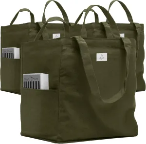 Nook Theory 3 Pcs Reusable Grocery Bags - Heavy Duty Canvas Bags, Large Reusable Shopping Bag, Picnic, 100% Cotton (Army)