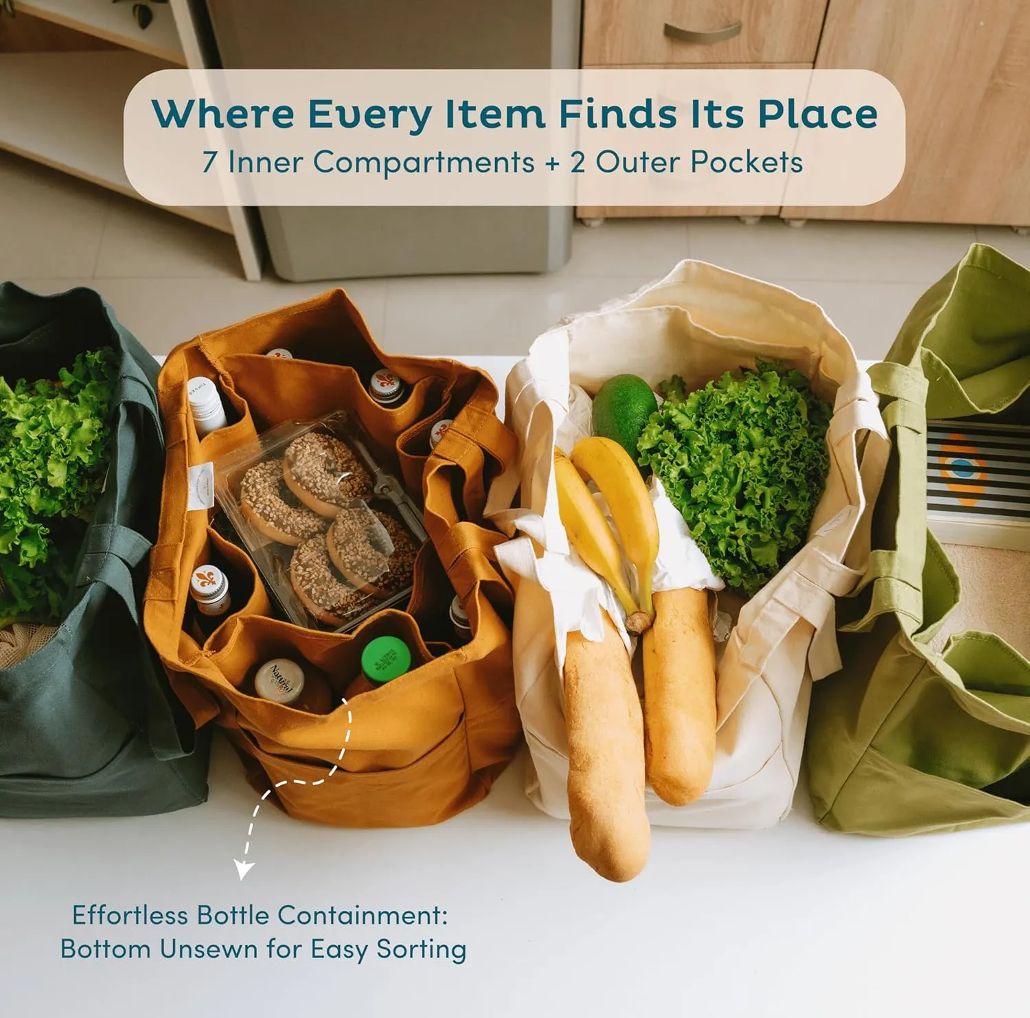 Nook Theory 3 Pcs Reusable Grocery Bags - Heavy Duty Canvas Bags, Large Reusable Shopping Bag, Picnic, 100% Cotton (Army)
