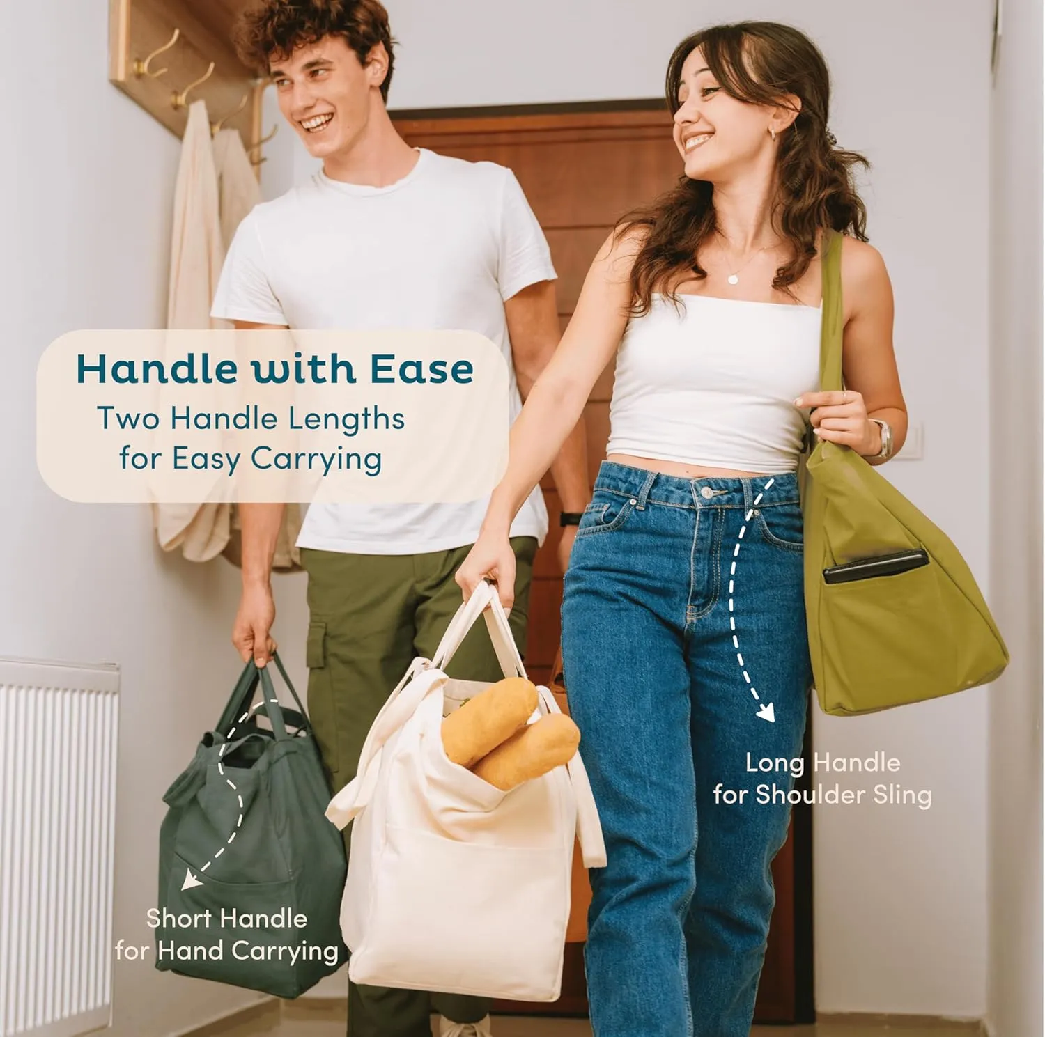 Nook Theory 3 Pcs Reusable Grocery Bags - Heavy Duty Canvas Bags, Large Reusable Shopping Bag, Picnic, 100% Cotton (Army)