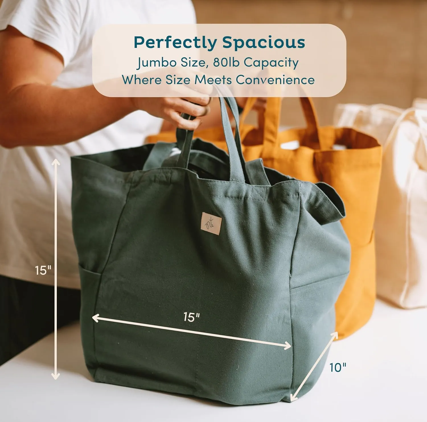Nook Theory 3 Pcs Reusable Grocery Bags - Heavy Duty Canvas Bags, Large Reusable Shopping Bag, Picnic, 100% Cotton (Army)