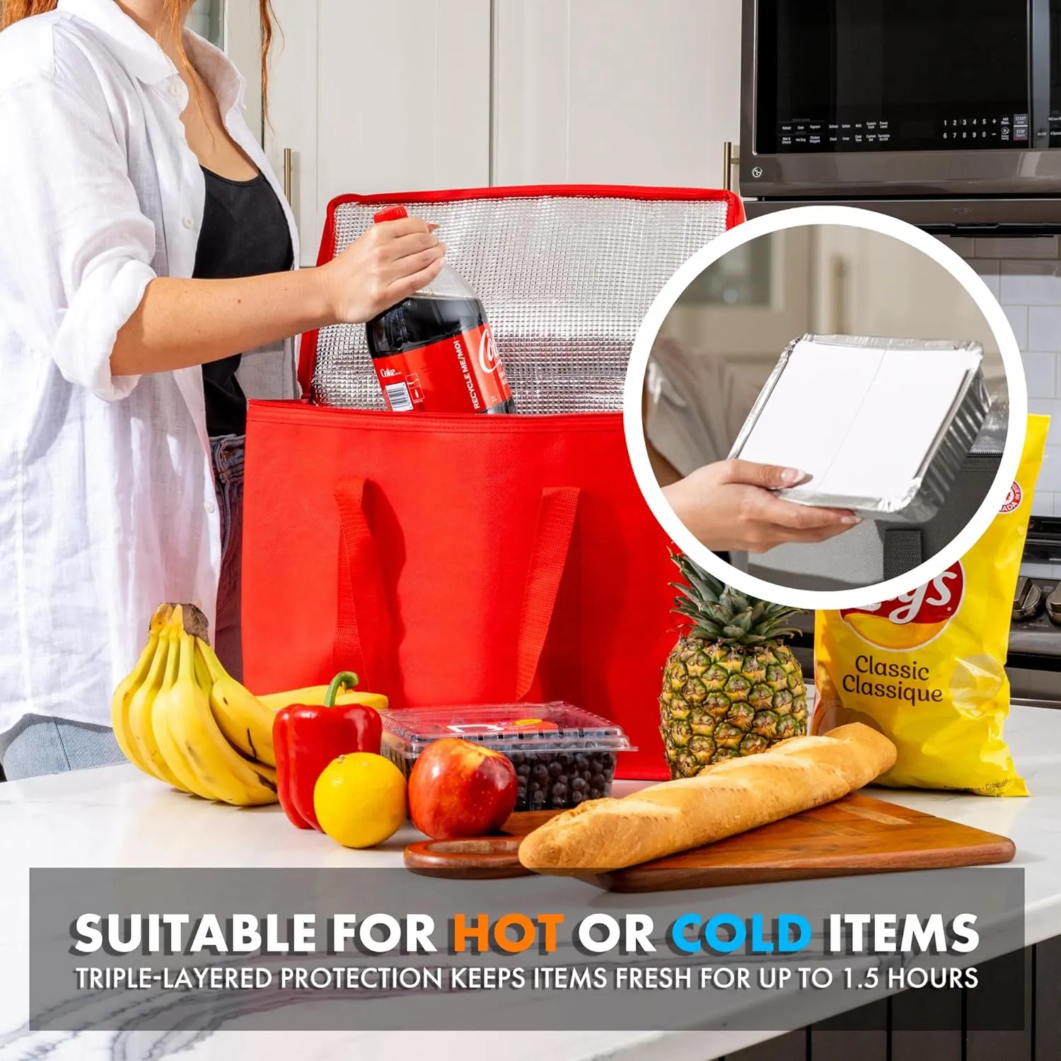 (Not Made In China) Insulated Grocery Bags w/Zippered Top, Reusable Shopping Bags, Catering and Delivery Bag For Hot and Cold Food, Collapsible Thermal Tote For Doordash and Uber Eats