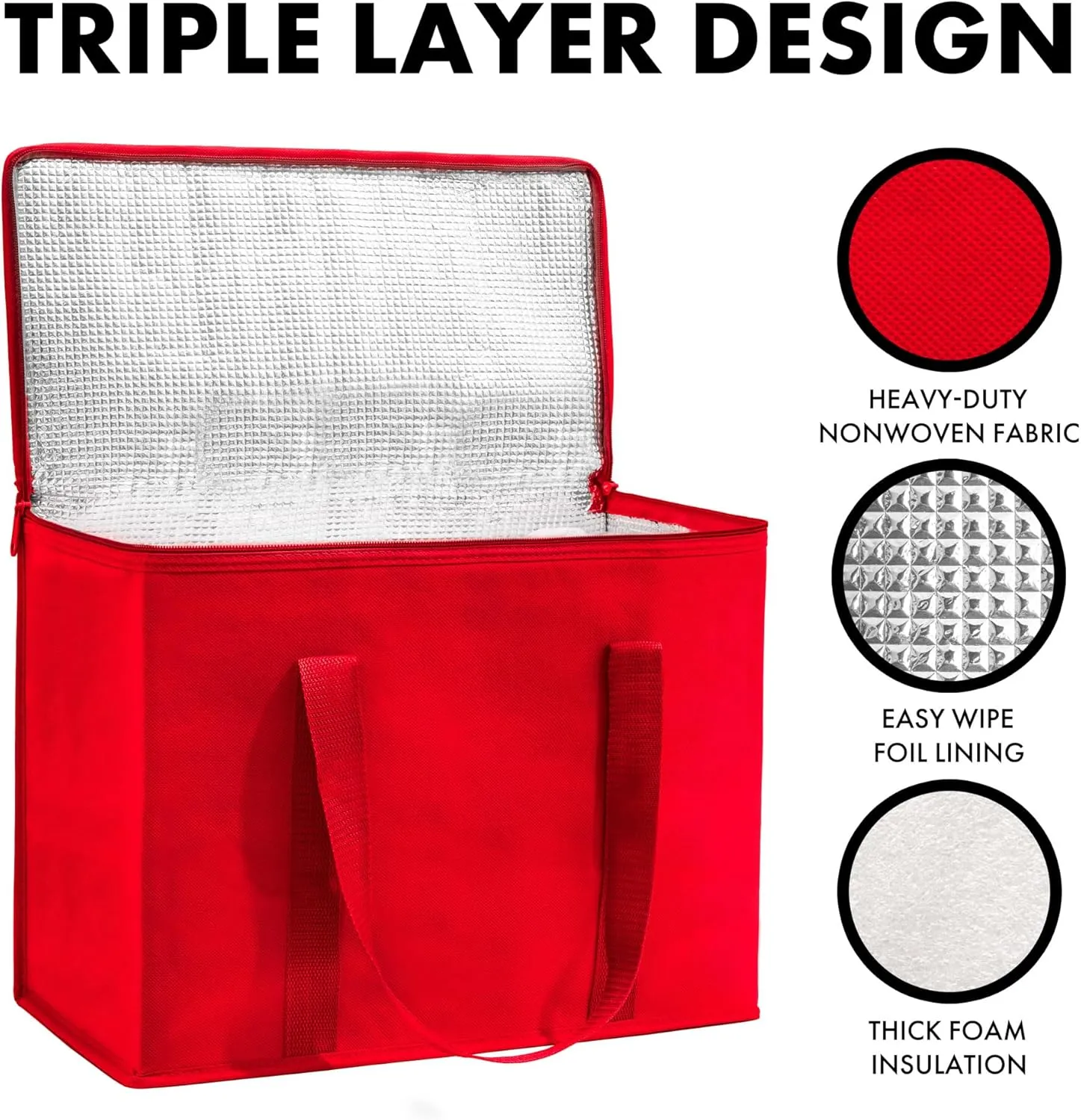 (Not Made In China) Insulated Grocery Bags w/Zippered Top, Reusable Shopping Bags, Catering and Delivery Bag For Hot and Cold Food, Collapsible Thermal Tote For Doordash and Uber Eats