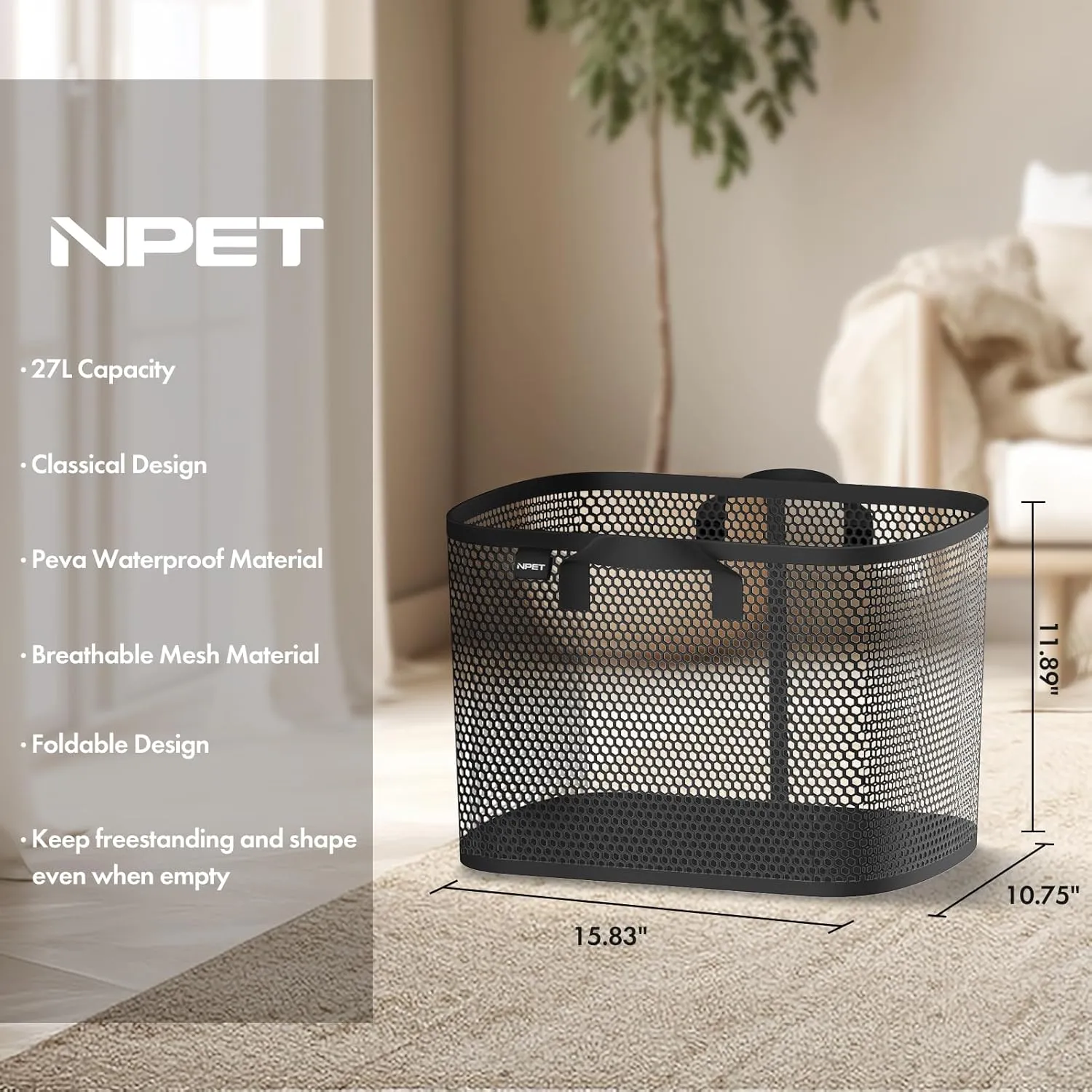 NPET 27L Laundry Basket Collapsible Laundry Hamper with PEVA Waterproof Material Clothes Bag Storage Basket Bin for Laundry,Bedroom and Domitory