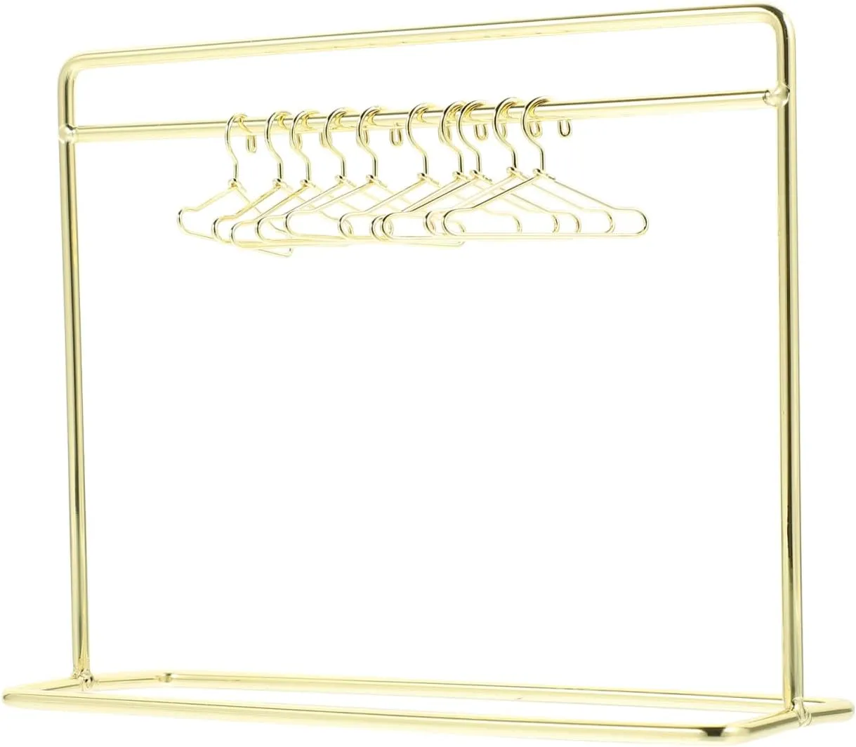 NUOBESTY Miniature Golden Iron Doll Clothes Rack with 10 Mini Hangers for Dollhouse Furniture and Doll Clothing Storage, 5.90x4.72x2.16 Inches