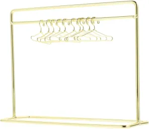 NUOBESTY Miniature Golden Iron Doll Clothes Rack with 10 Mini Hangers for Dollhouse Furniture and Doll Clothing Storage, 5.90x4.72x2.16 Inches