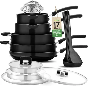NutriChef 17pcs Black Stackable Pots and Pans Set, Nonstick Induction Cookware, Space Saving Cookware, Easy Clean, Ideal For RV and Camper, Includes a Foldable Steamer Basket and Cooking Utensils