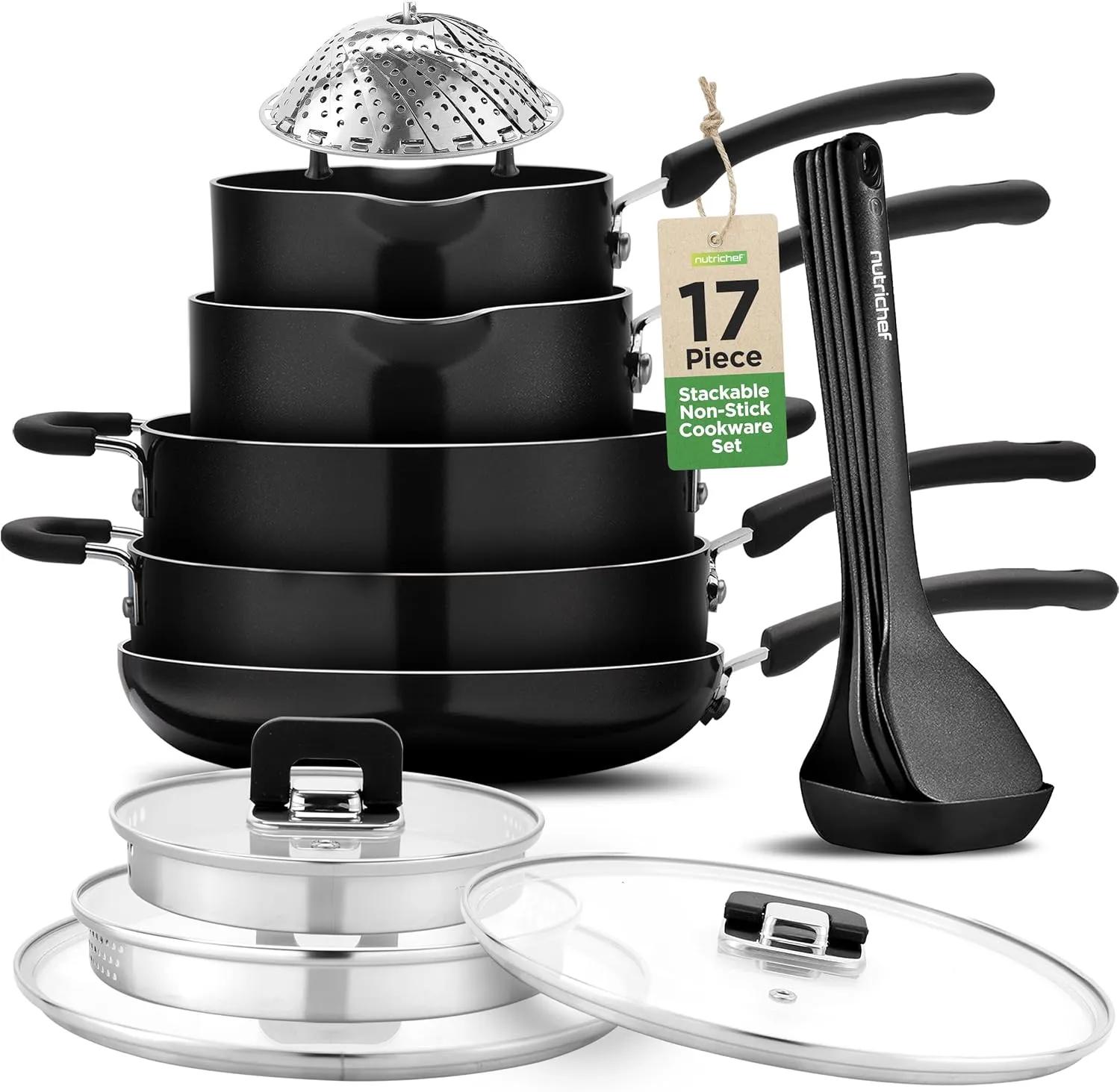 NutriChef 17pcs Black Stackable Pots and Pans Set, Nonstick Induction Cookware, Space Saving Cookware, Easy Clean, Ideal For RV and Camper, Includes a Foldable Steamer Basket and Cooking Utensils