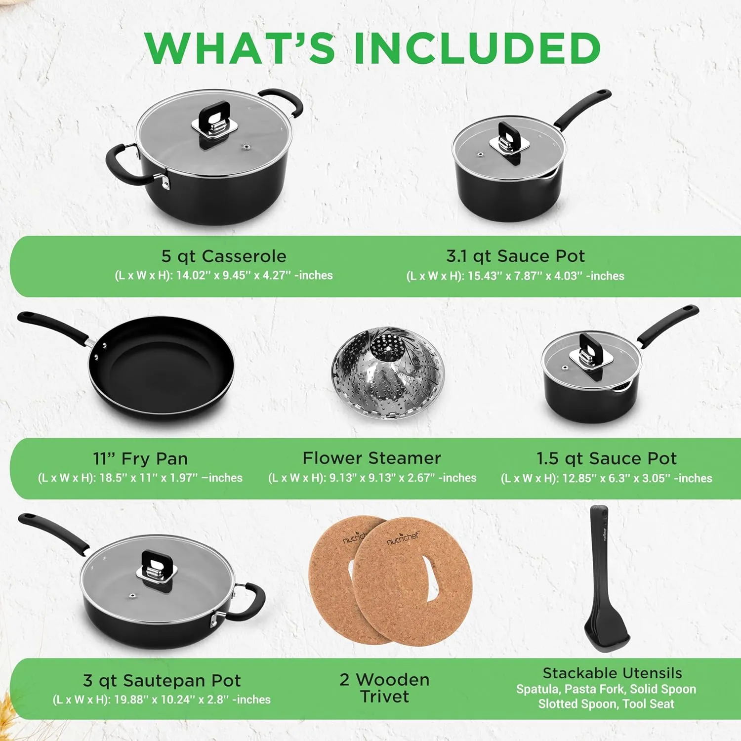 NutriChef 17pcs Black Stackable Pots and Pans Set, Nonstick Induction Cookware, Space Saving Cookware, Easy Clean, Ideal For RV and Camper, Includes a Foldable Steamer Basket and Cooking Utensils
