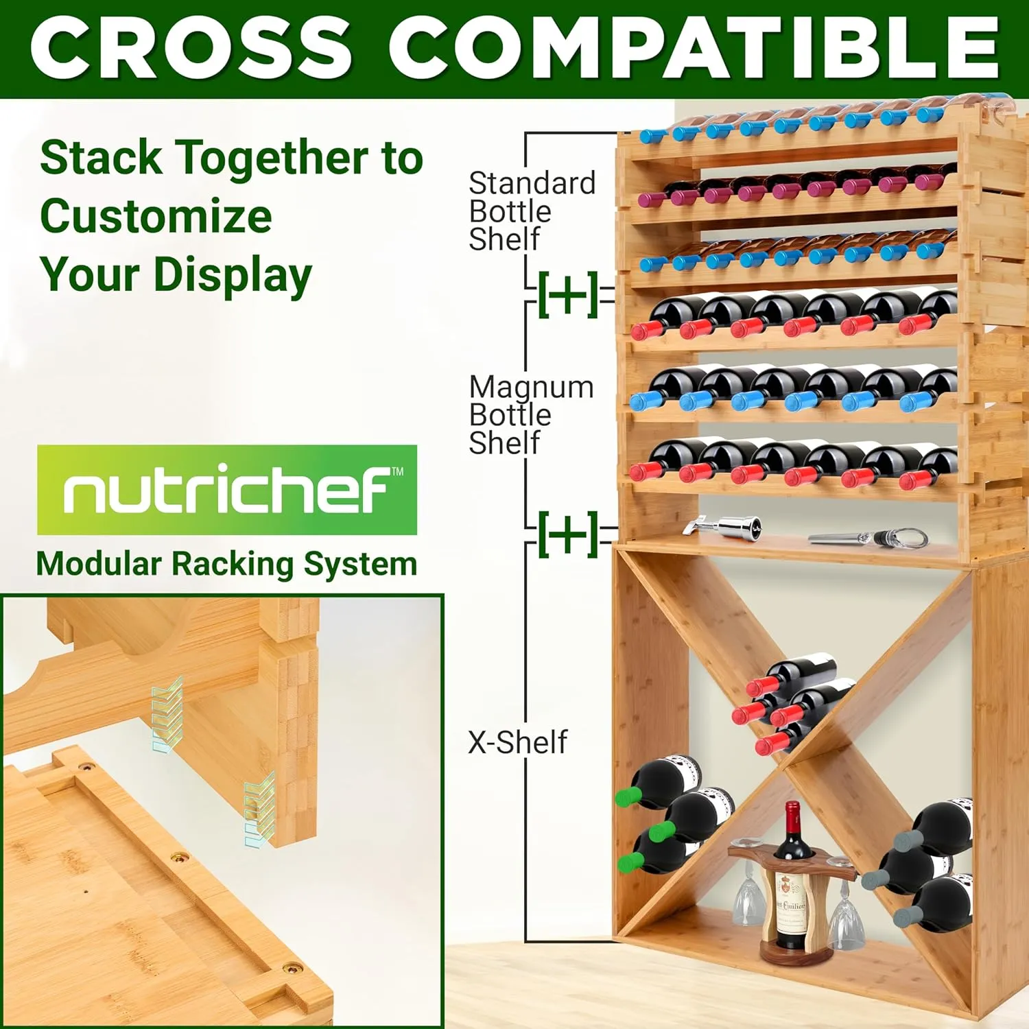 NutriChef Bamboo Stackable Wine Rack, 8-Tier 72 Bottle Capacity Wine Racks Free Standing Floor, No Tools Assembly, Modular Storage Display Shelf for Kitchen and Cellar 33.5" x 10" x 42"
