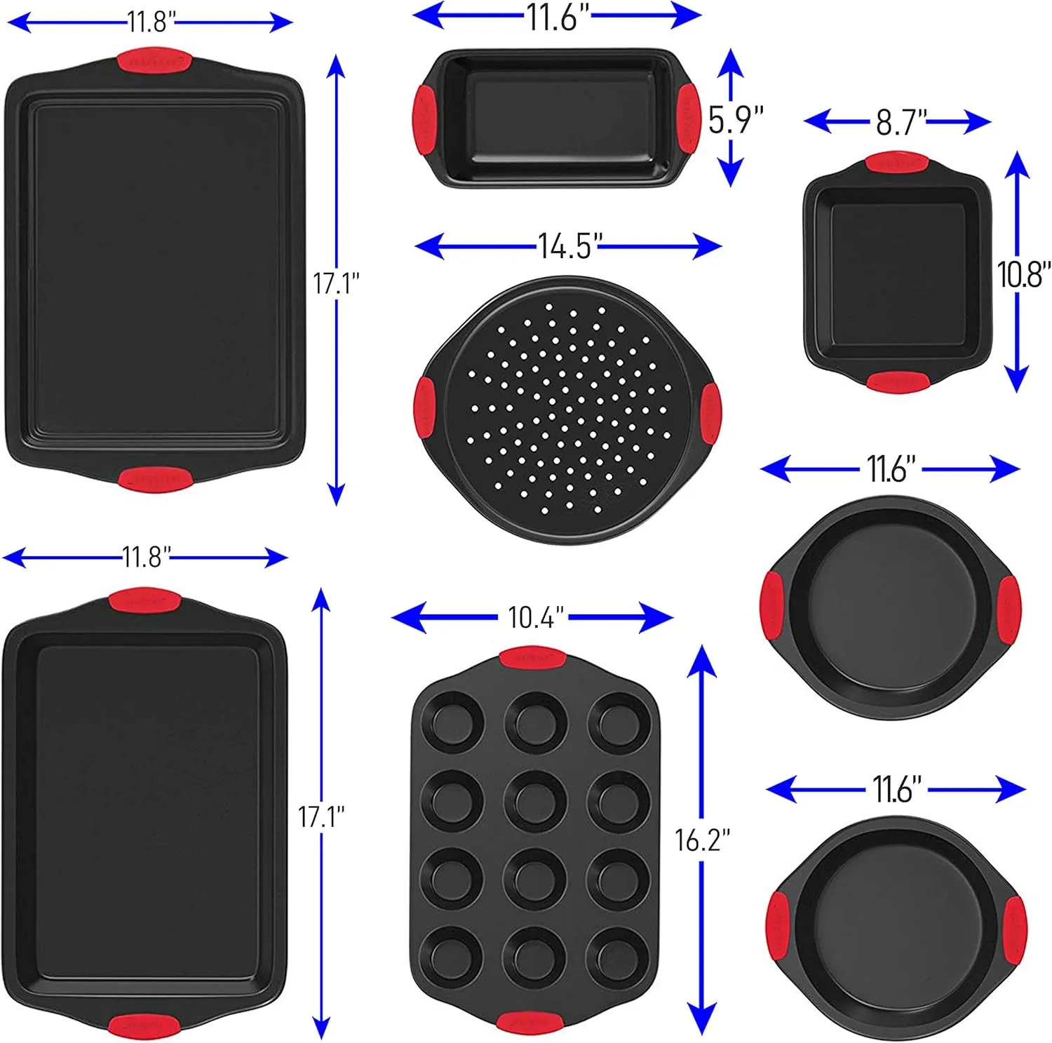 NutriChef Non-Stick Kitchen Oven Baking Pans-Deluxe & Stylish Nonstick Gray Coating Inside Outside, Commercial Grade Restaurant Quality Metal Bakeware with Red Silicone Handles NCSBS8S, 8 Piece Set