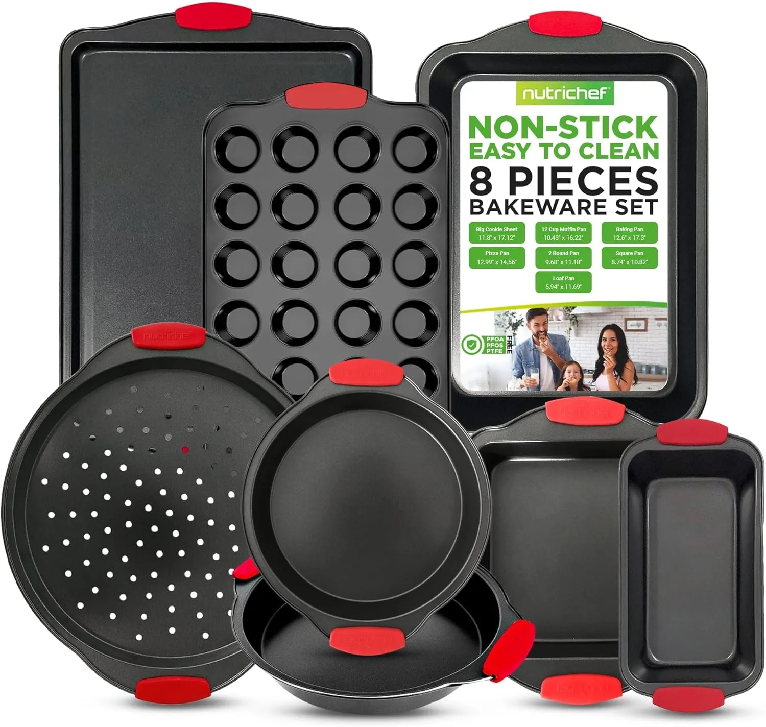 NutriChef Non-Stick Kitchen Oven Baking Pans-Deluxe & Stylish Nonstick Gray Coating Inside Outside, Commercial Grade Restaurant Quality Metal Bakeware with Red Silicone Handles NCSBS8S, 8 Piece Set
