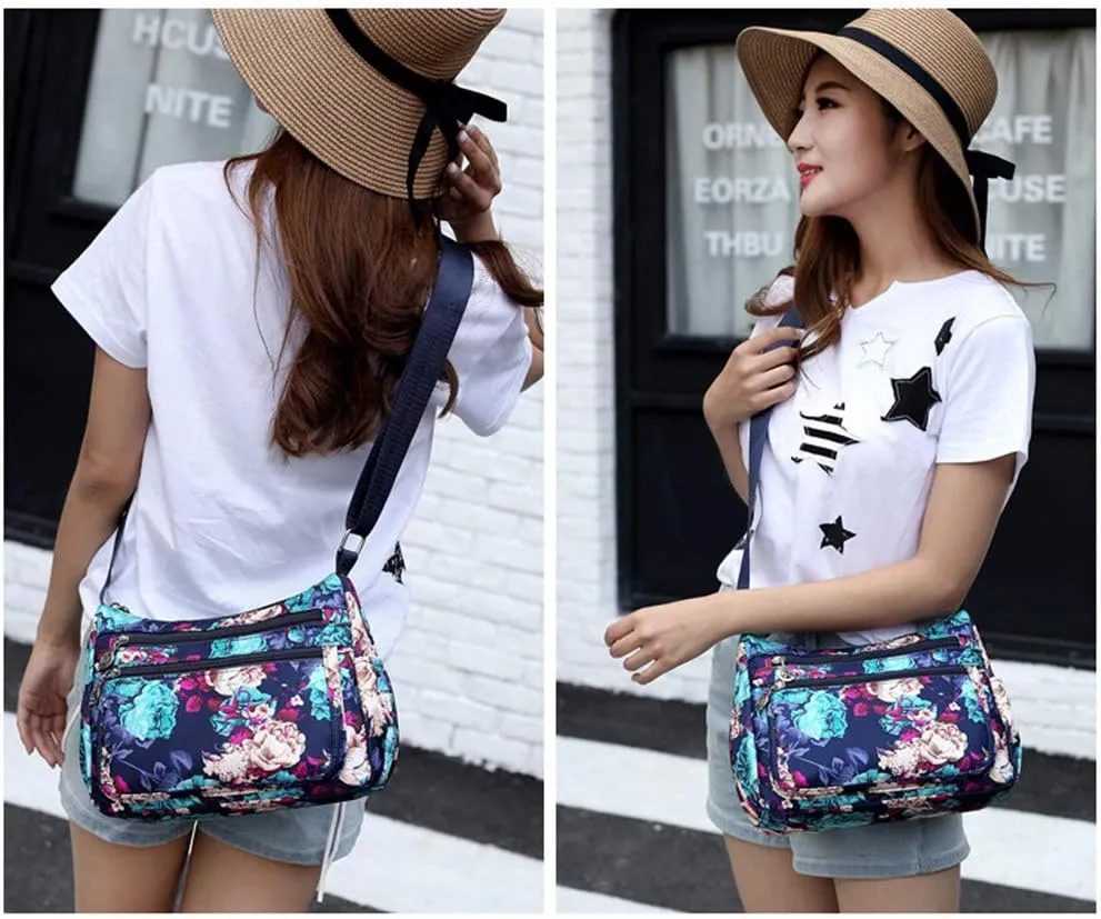 Nylon Floral Multi-Pocket Crossbody Purse Bags for Women Travel Shoulder Bag