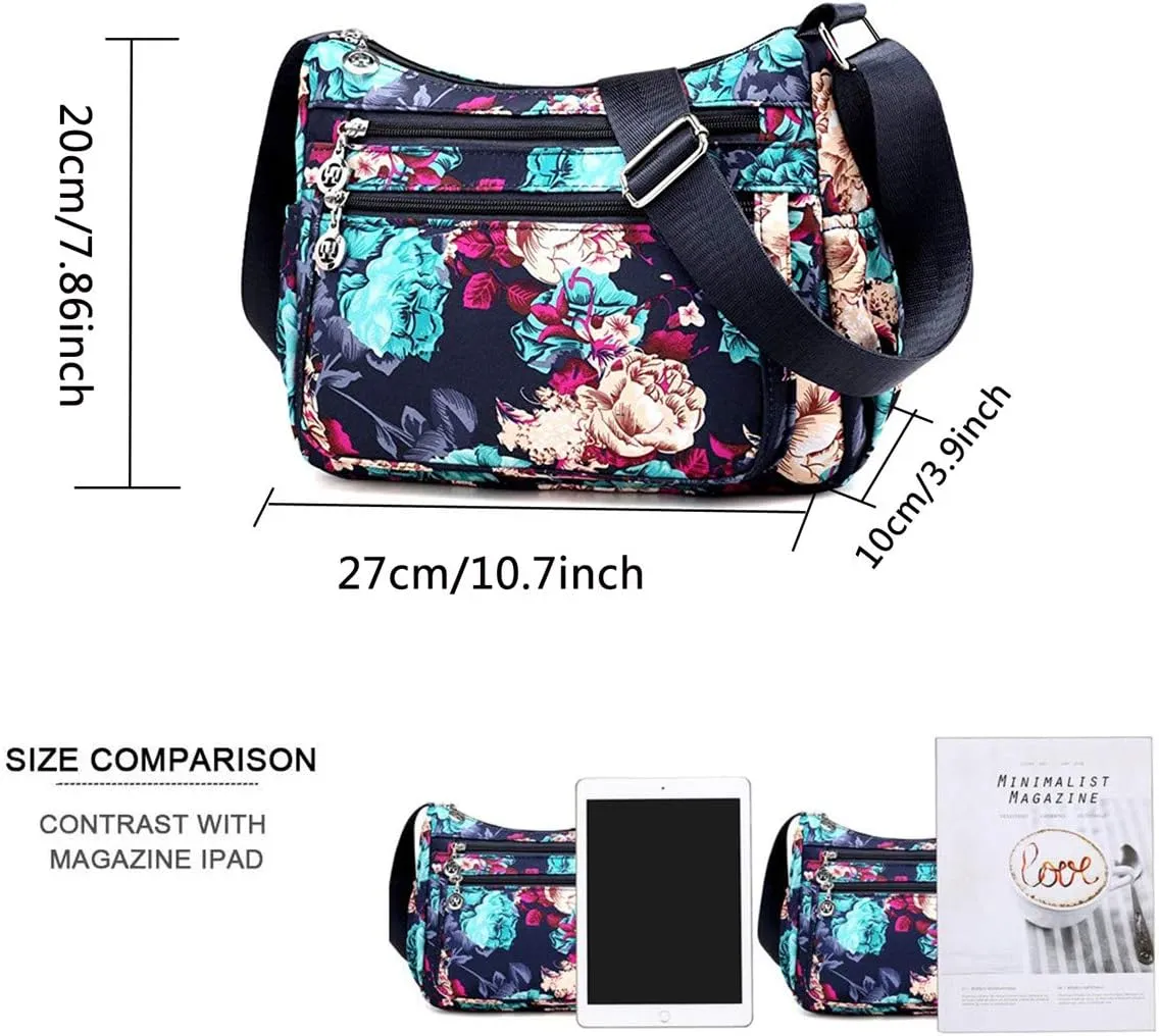 Nylon Floral Multi-Pocket Crossbody Purse Bags for Women Travel Shoulder Bag