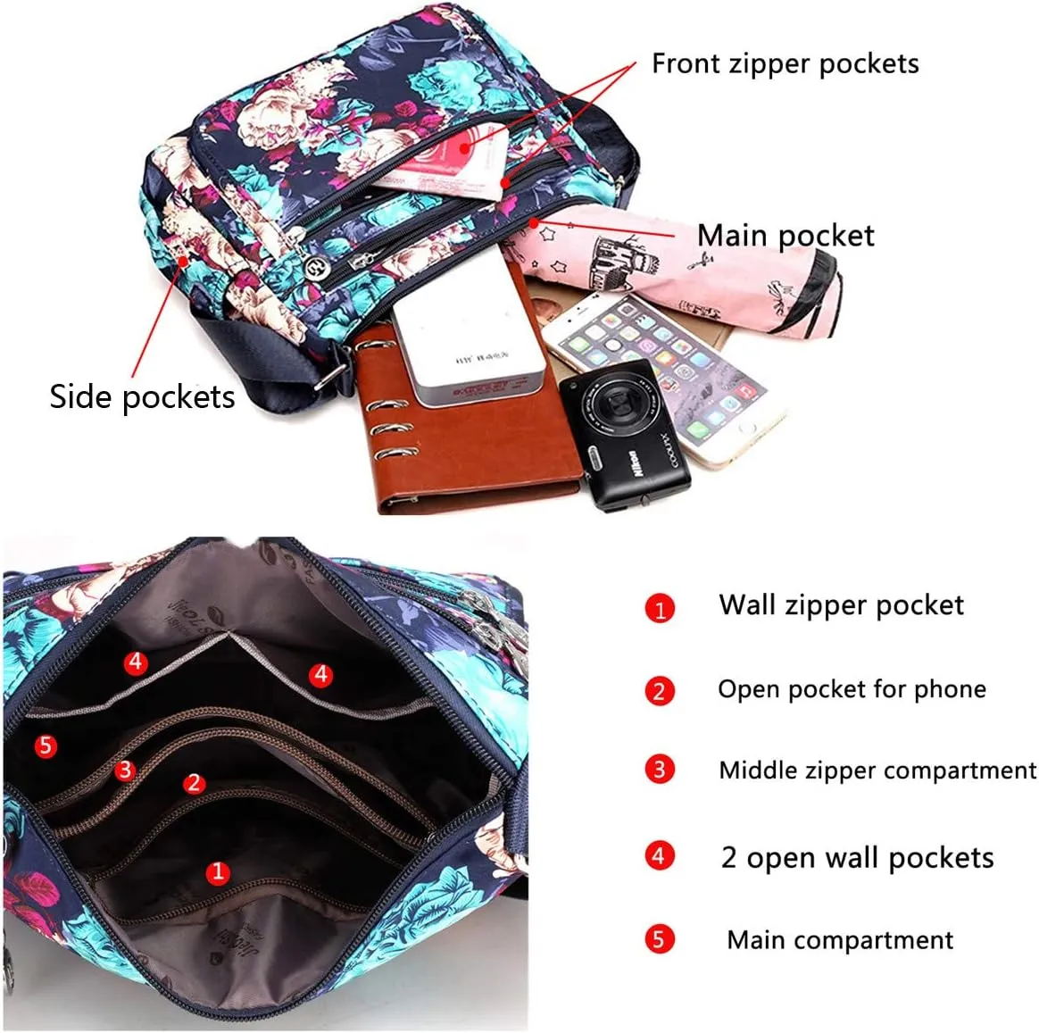 Nylon Floral Multi-Pocket Crossbody Purse Bags for Women Travel Shoulder Bag