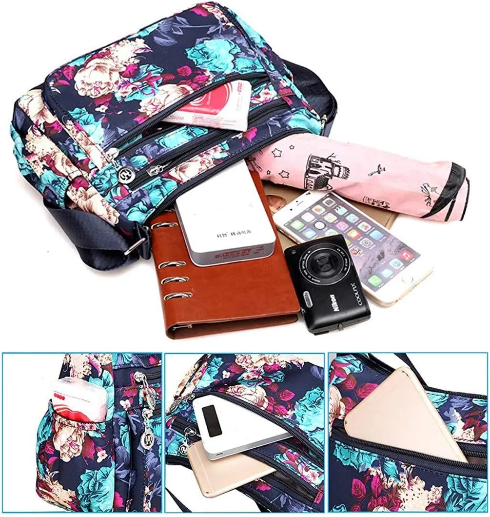 Nylon Floral Multi-Pocket Crossbody Purse Bags for Women Travel Shoulder Bag