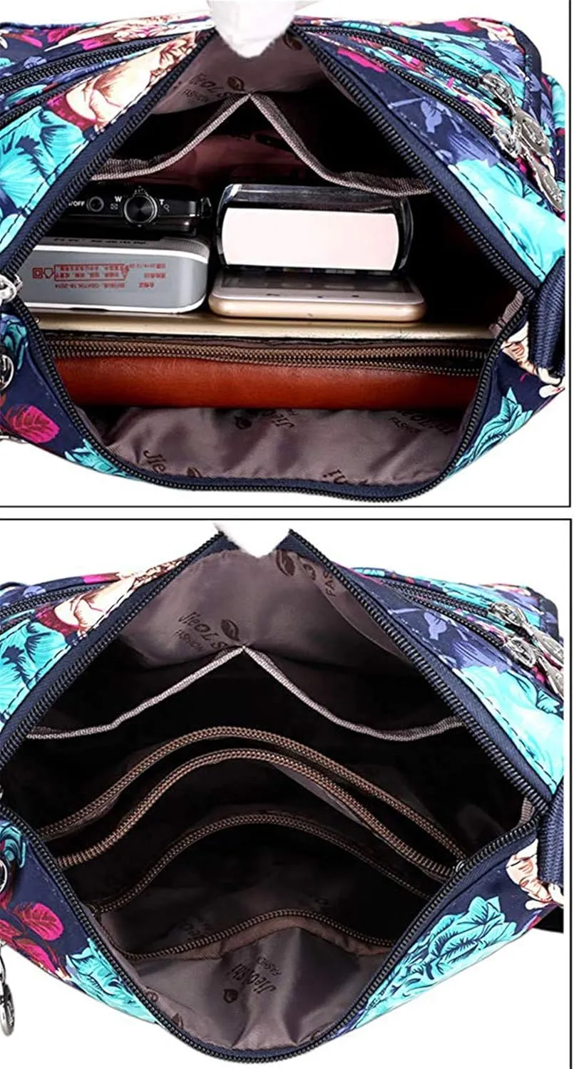 Nylon Floral Multi-Pocket Crossbody Purse Bags for Women Travel Shoulder Bag