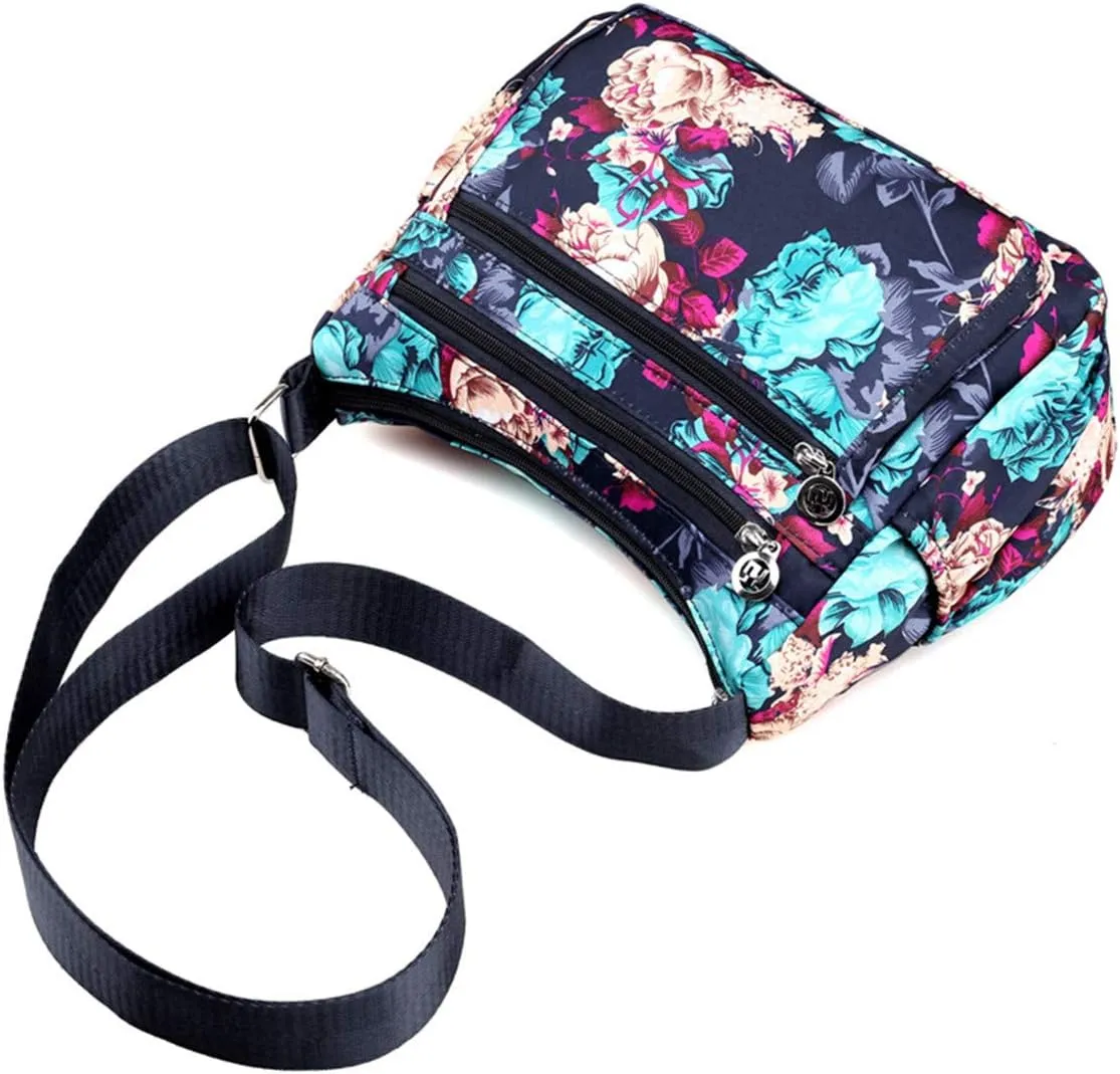 Nylon Floral Multi-Pocket Crossbody Purse Bags for Women Travel Shoulder Bag