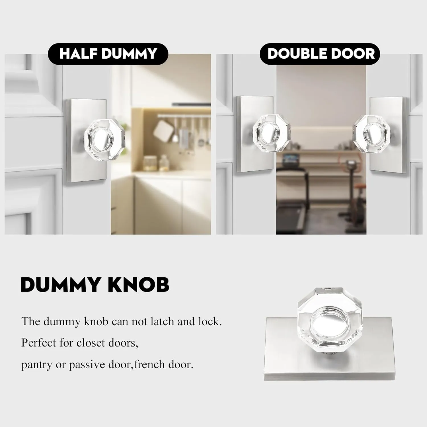 Octagon Glass Crystal Half Dummy Door Knob Brushed Nickel, No-Turning Bifold and Closet Door Handles,2 Pack