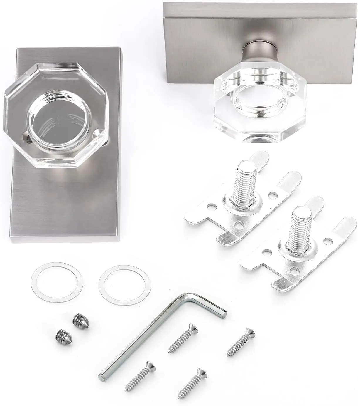 Octagon Glass Crystal Half Dummy Door Knob Brushed Nickel, No-Turning Bifold and Closet Door Handles,2 Pack