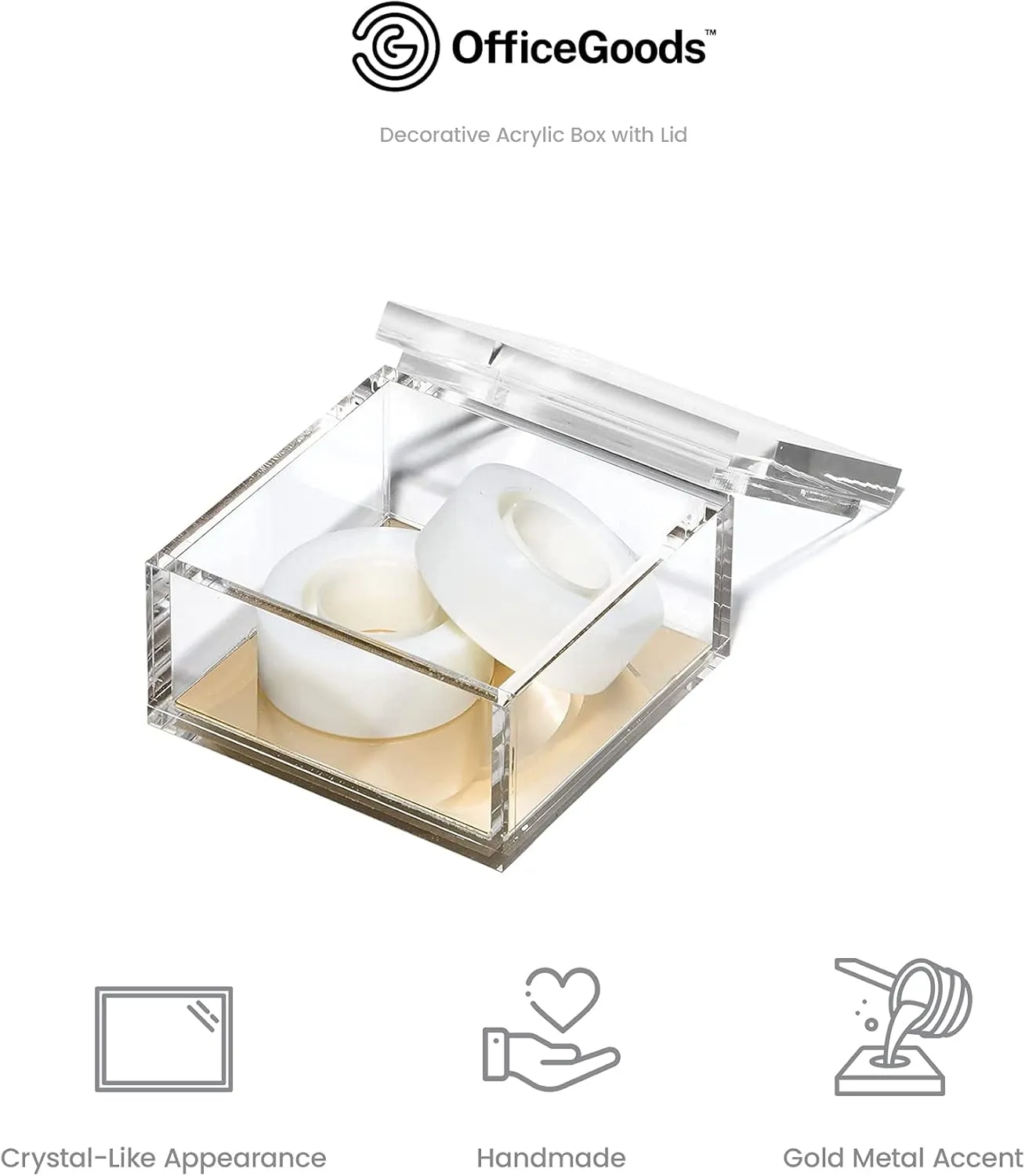 OfficeGoods Acrylic Desk Organizer w/Gold Base – Functional & Elegant Odds & Ends Box for Display or Storage – Perfect for Home or Office, Kitchen, Bathroom Vanity, Curio Display - Extra Large