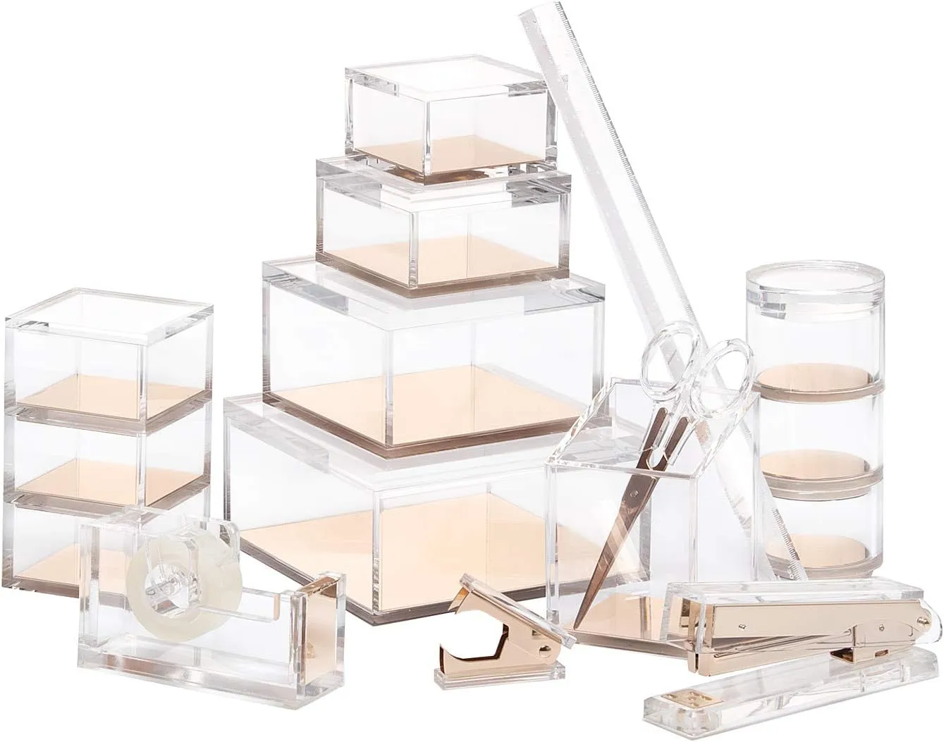 OfficeGoods Acrylic Desk Organizer w/Gold Base – Functional & Elegant Odds & Ends Box for Display or Storage – Perfect for Home or Office, Kitchen, Bathroom Vanity, Curio Display - Extra Large