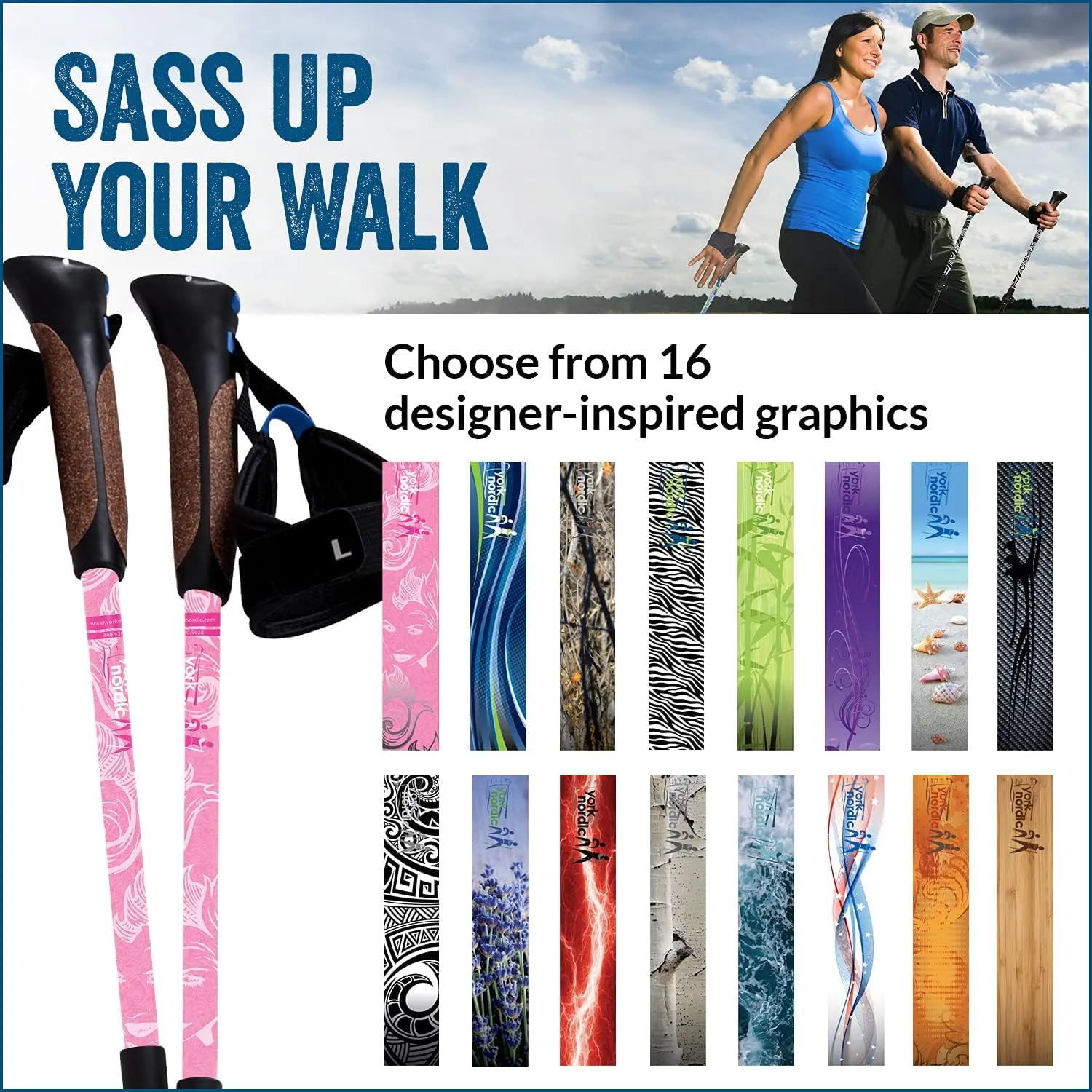 Official Nordic Walking Poles - True Classic Nordic Glove Grips, Lightweight, Adjustable, and Collapsible -2 Pieces w/flip Locks, Detachable Feet and Travel Bag by York Nordic - Heights 5'4"-6'2"