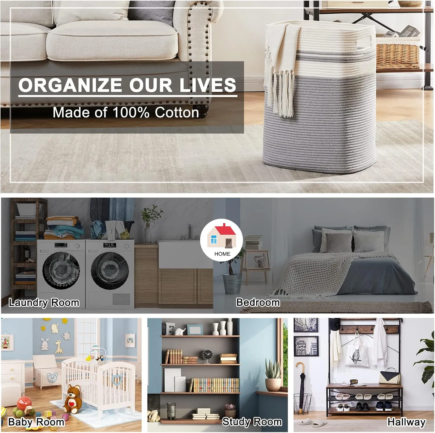 OIAHOMY Laundry Hamper, Tall Cotton Decorative Blanket Storage Basket with Handles for Living room,Collapsible Large Baskets for Toys,Pillows,Clothes Organizer-16x13x22in-Gray