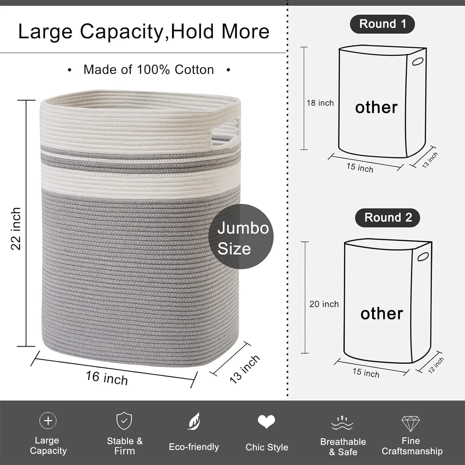 OIAHOMY Laundry Hamper, Tall Cotton Decorative Blanket Storage Basket with Handles for Living room,Collapsible Large Baskets for Toys,Pillows,Clothes Organizer-16x13x22in-Gray
