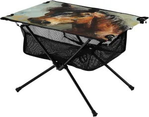 Oil Painting Horse Portable Folding Camping Table, Compact Lightweight Beach Table with Carrying Bag for Outdoor Picnics, BBQs, Camp