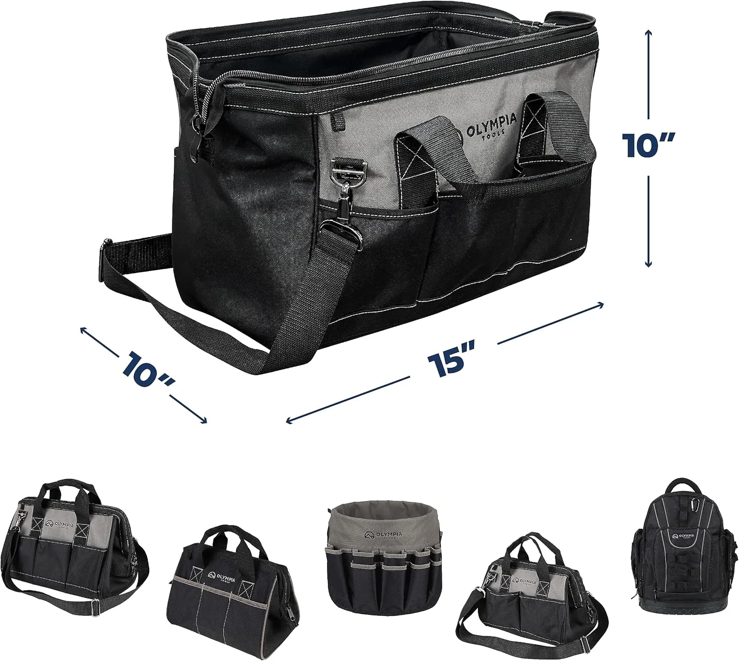 Olympia Tool Bag 15 Inch, Heavy Duty Tools Bag with 8 Pockets, Adjustable Shouder Straps and 600D Reinforced Material
