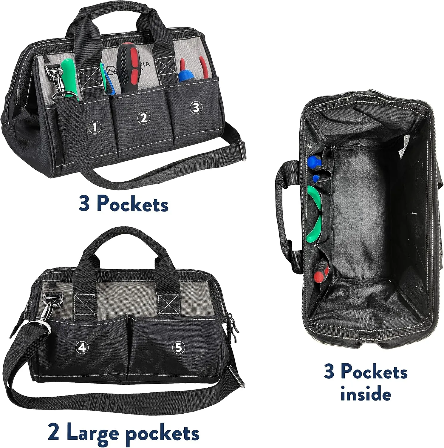 Olympia Tool Bag 15 Inch, Heavy Duty Tools Bag with 8 Pockets, Adjustable Shouder Straps and 600D Reinforced Material