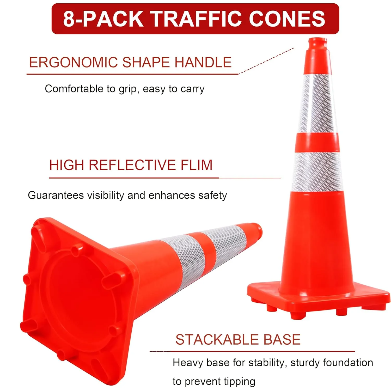 OrangeStar 28" Orange Traffic Cones 8 Pcs Safety Cones PVC Construction Cones w/Reflective Collars for Driving Practice, Parking Lot, Roadwork