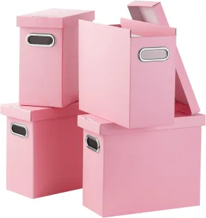 Oterri 4 Pcs File Organizer, Cardboard Storage File Boxes with Lids,Portable File Box with Handle,Hanging File Folder Organizer for Letter Size,File Organizer Box for Home/School, Pink (No Folders)