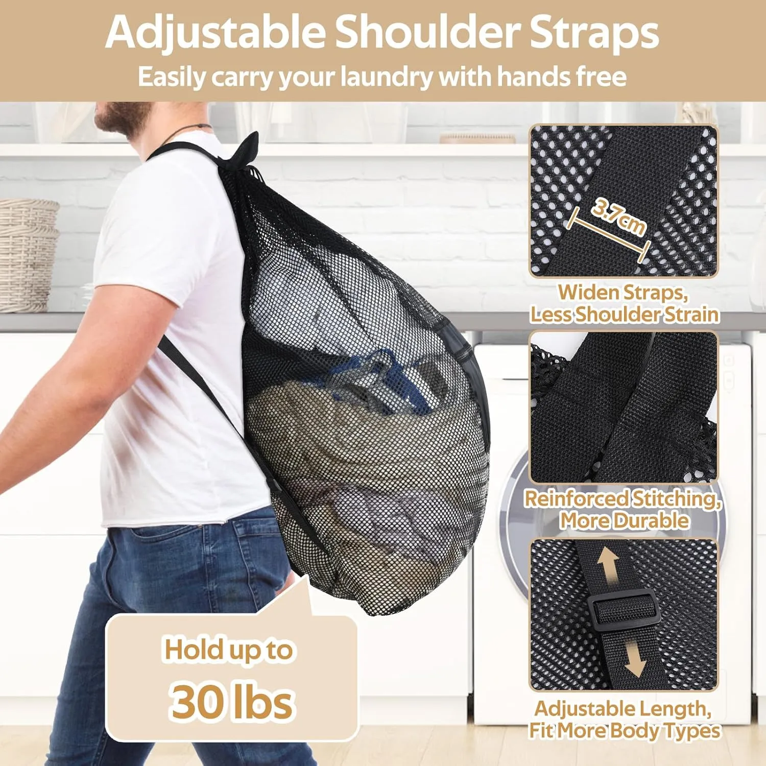 OTraki Mesh Laundry Bag 36 x 28 Inch Extra Large Drawstring Laundry Mesh Wash Bag with Shoulder Straps Heavy Duty Dirty Clothes Travel Laundry Backpack for Home College Dorm Apartment Black