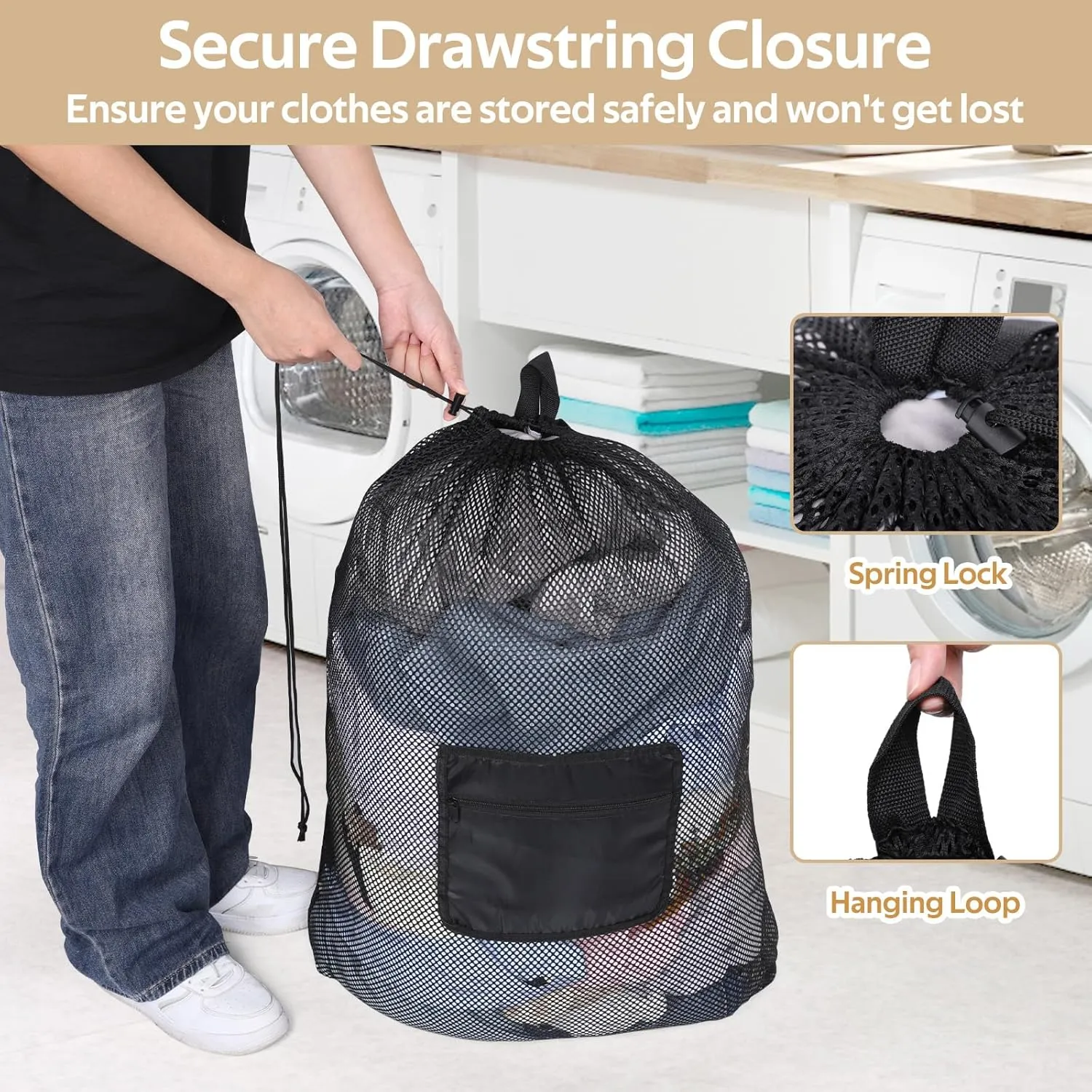 OTraki Mesh Laundry Bag 36 x 28 Inch Extra Large Drawstring Laundry Mesh Wash Bag with Shoulder Straps Heavy Duty Dirty Clothes Travel Laundry Backpack for Home College Dorm Apartment Black