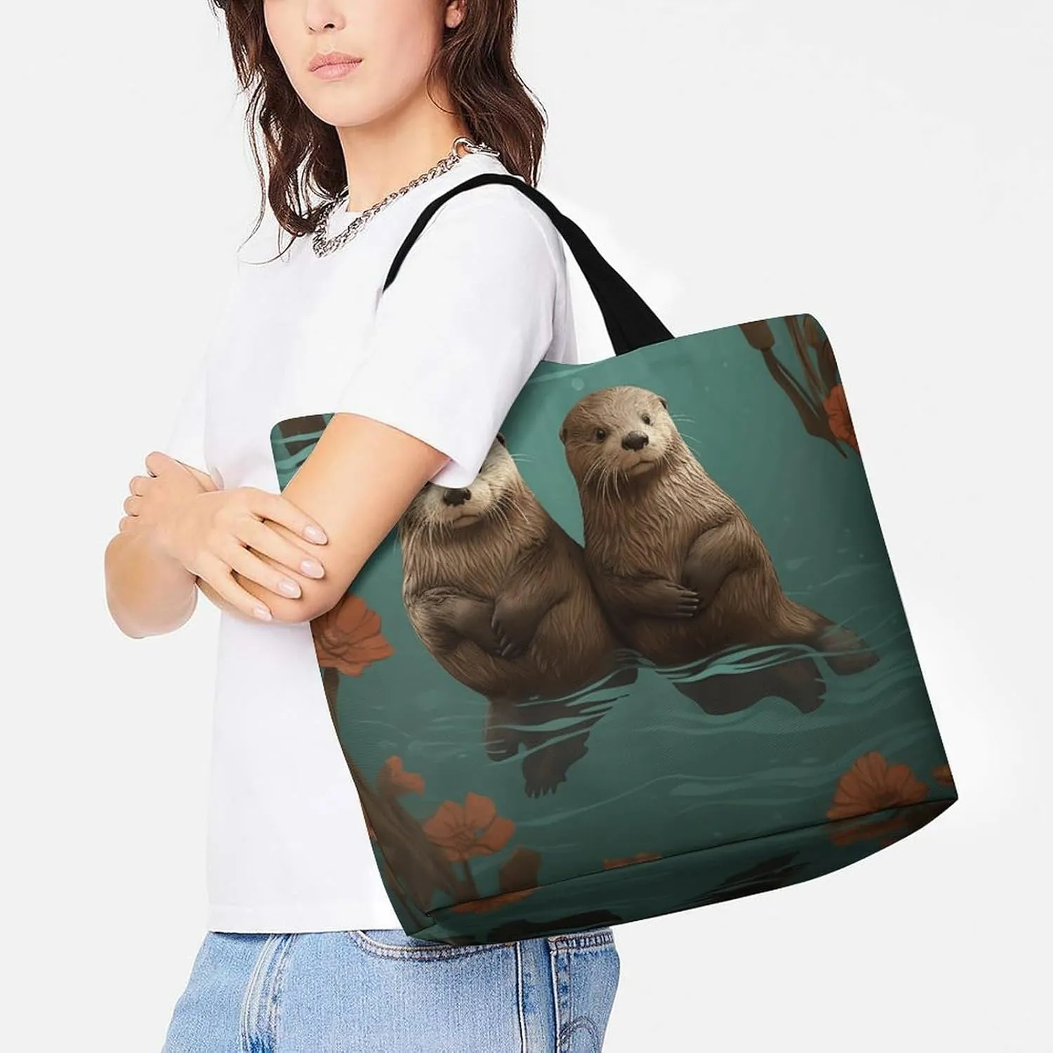 Otters in Love Tote Bag for Women Reusable Grocery Shoulder Bags Shopping Bag for Travel, Groceries