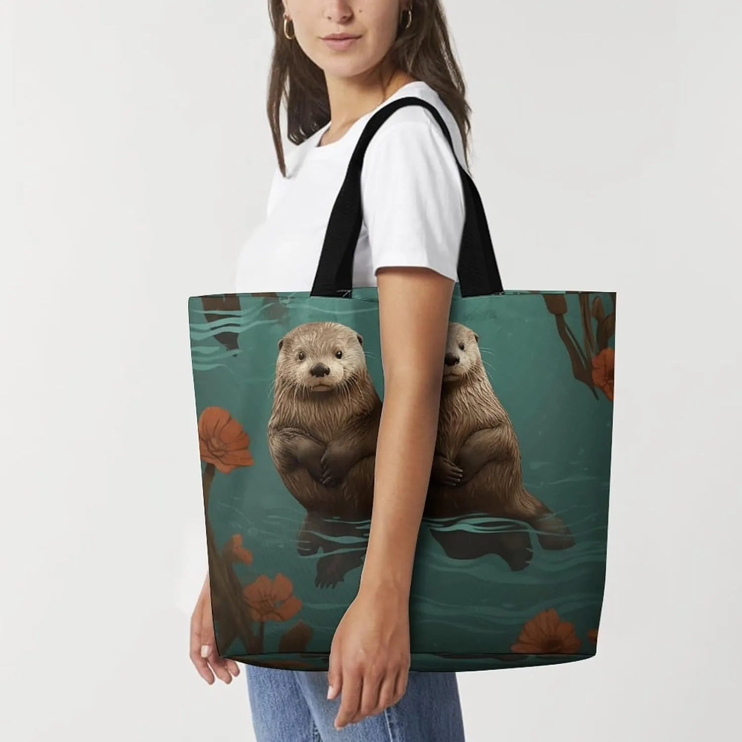 Otters in Love Tote Bag for Women Reusable Grocery Shoulder Bags Shopping Bag for Travel, Groceries