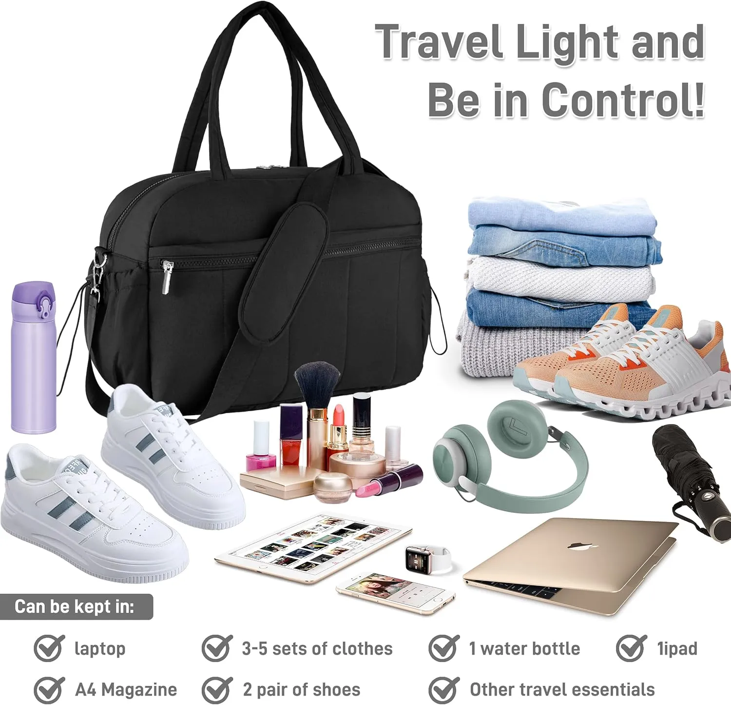 Oubagur Lightweight Duffle Bag for Travel, Gym & Weekender with Water-Resistant Wet Pocket, Carry-On Approved Personal Item Bag for Men & Women