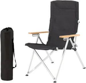 Outdoor Camping Chairs Folding/Foldable/Portable with Wooden Armrests, Carry Bag Included, 6-Speed Adjustable Beach Chair Lawn Fishing Lightweight Rocker Lounger Chair, Black