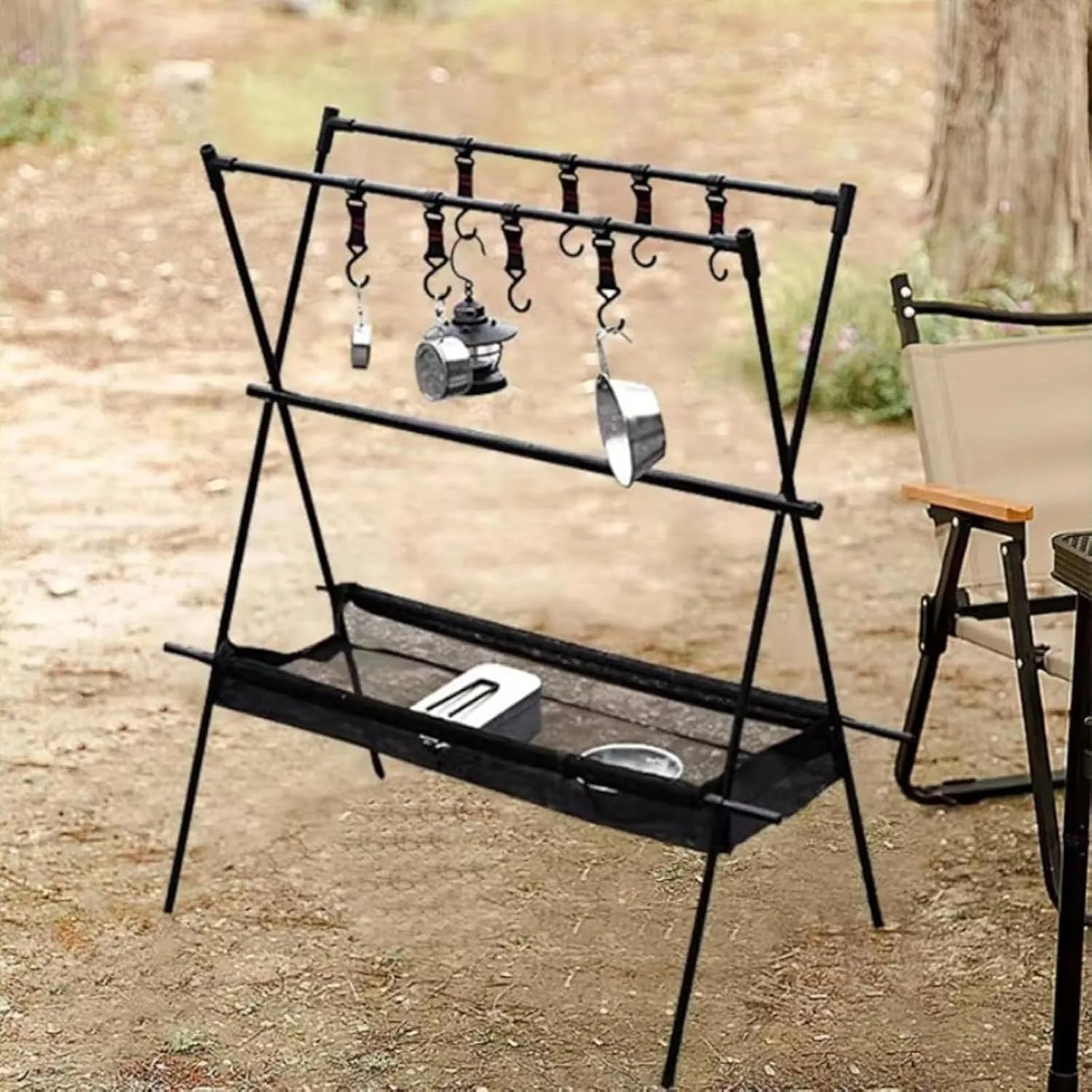 Outdoor Cookware Hanging Rack, Portable Campsite Camping Stand, Collapsible Multifunction with 6 Hooks Clothes Drying Rack, for Patio Garden Camping Hiking Travel(Storage rack)
