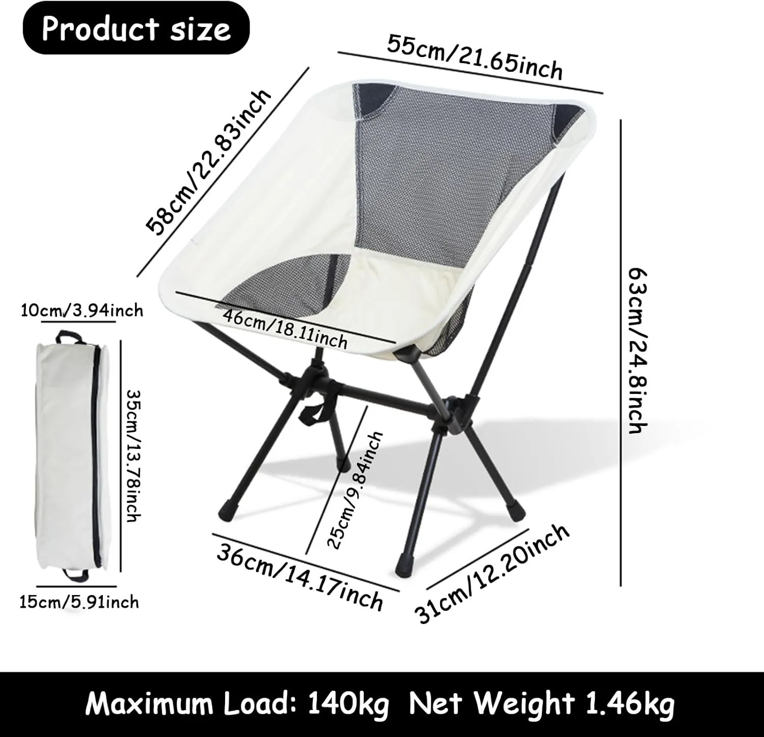 Outdoor Folding Chairs, Portable Camping Chair with Storage Bag, Support up to 300Lbs, Ultralight Compact Foldable Backpacking Chair for Beach Hiking Picnic Fishing Camp Travel,Beige