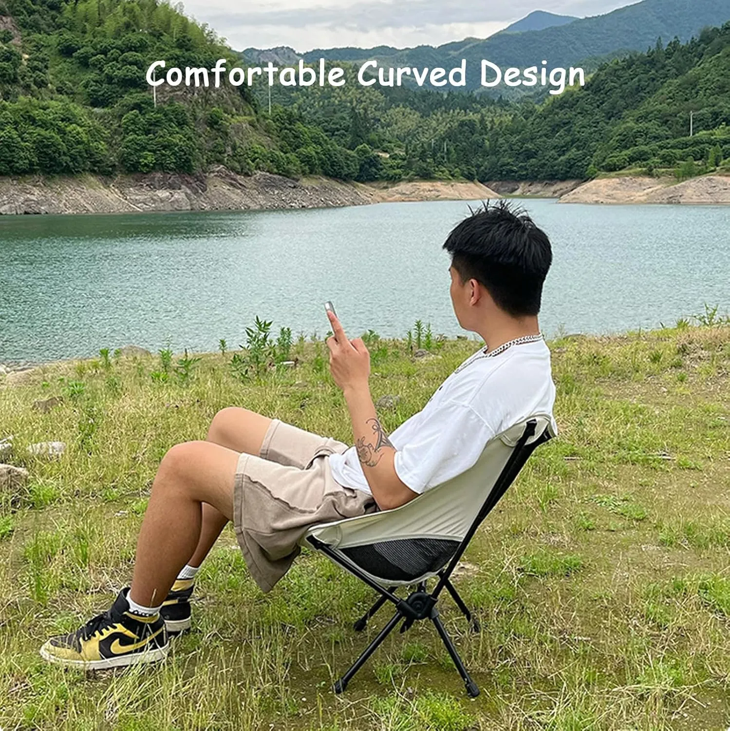 Outdoor Folding Chairs, Portable Camping Chair with Storage Bag, Support up to 300Lbs, Ultralight Compact Foldable Backpacking Chair for Beach Hiking Picnic Fishing Camp Travel,Beige