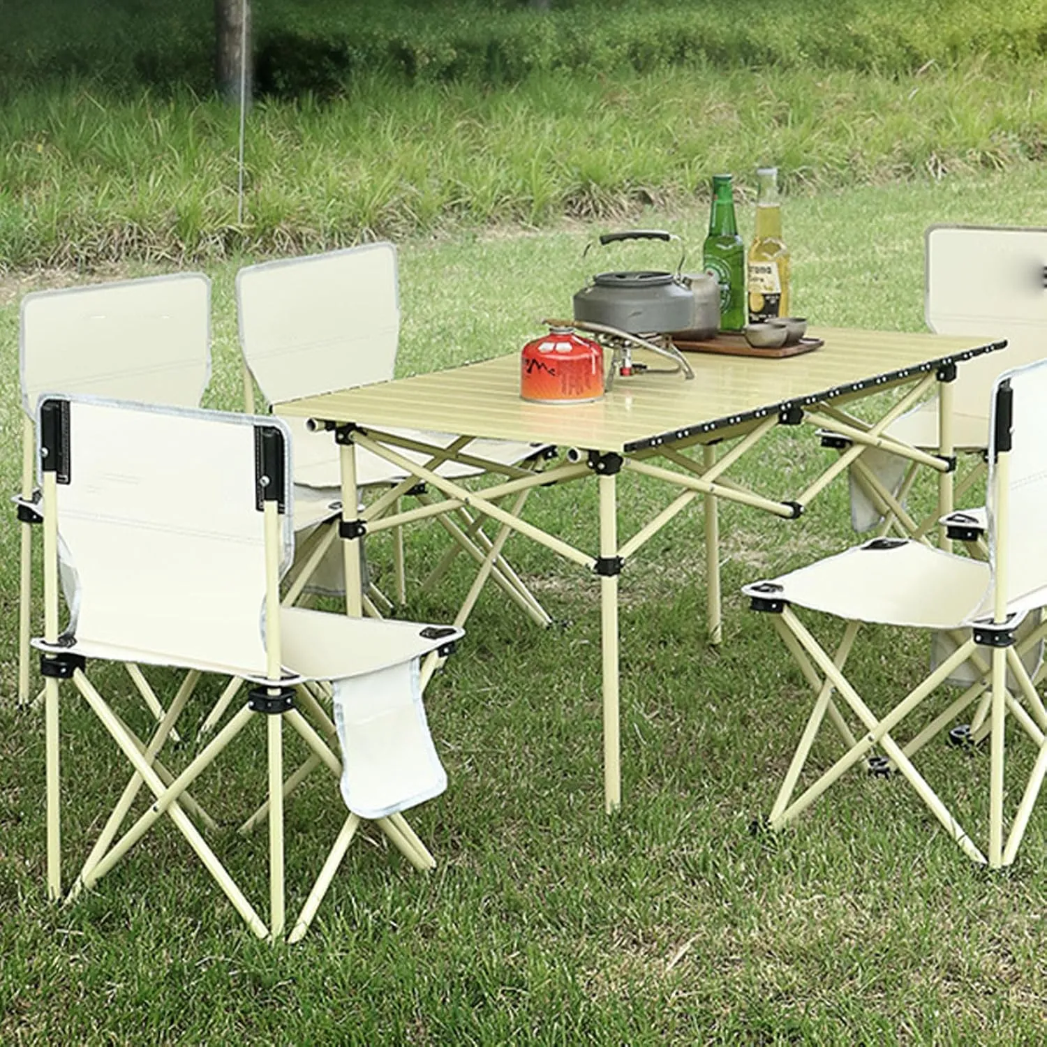 Outdoor Folding Picnic Tables and Chairs, Foldable Camping Small Picnic Table with Aluminum Roll-up Table Top Portable Fishing Chair Set, Easy to Assemble, 5pcs-black-94cm