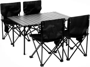 Outdoor Folding Picnic Tables and Chairs, Foldable Camping Small Picnic Table with Aluminum Roll-up Table Top Portable Fishing Chair Set, Easy to Assemble, 5pcs-black-94cm