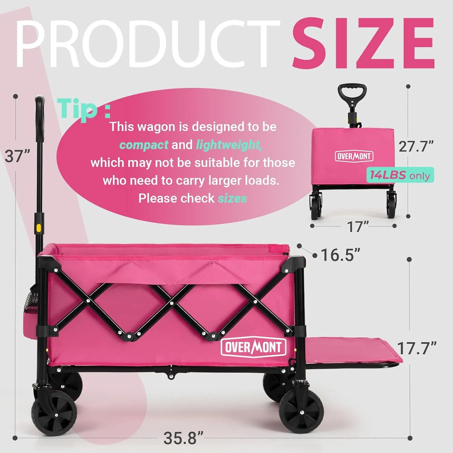 OVERMONT Collapsible Foldable Wagon Cart - 220lbs Extended Lightweight Portable Folding Utility Wagons with Wheels - 100L Small Garden Grocery Cart for Shopping, Grocery,Sports,Garden