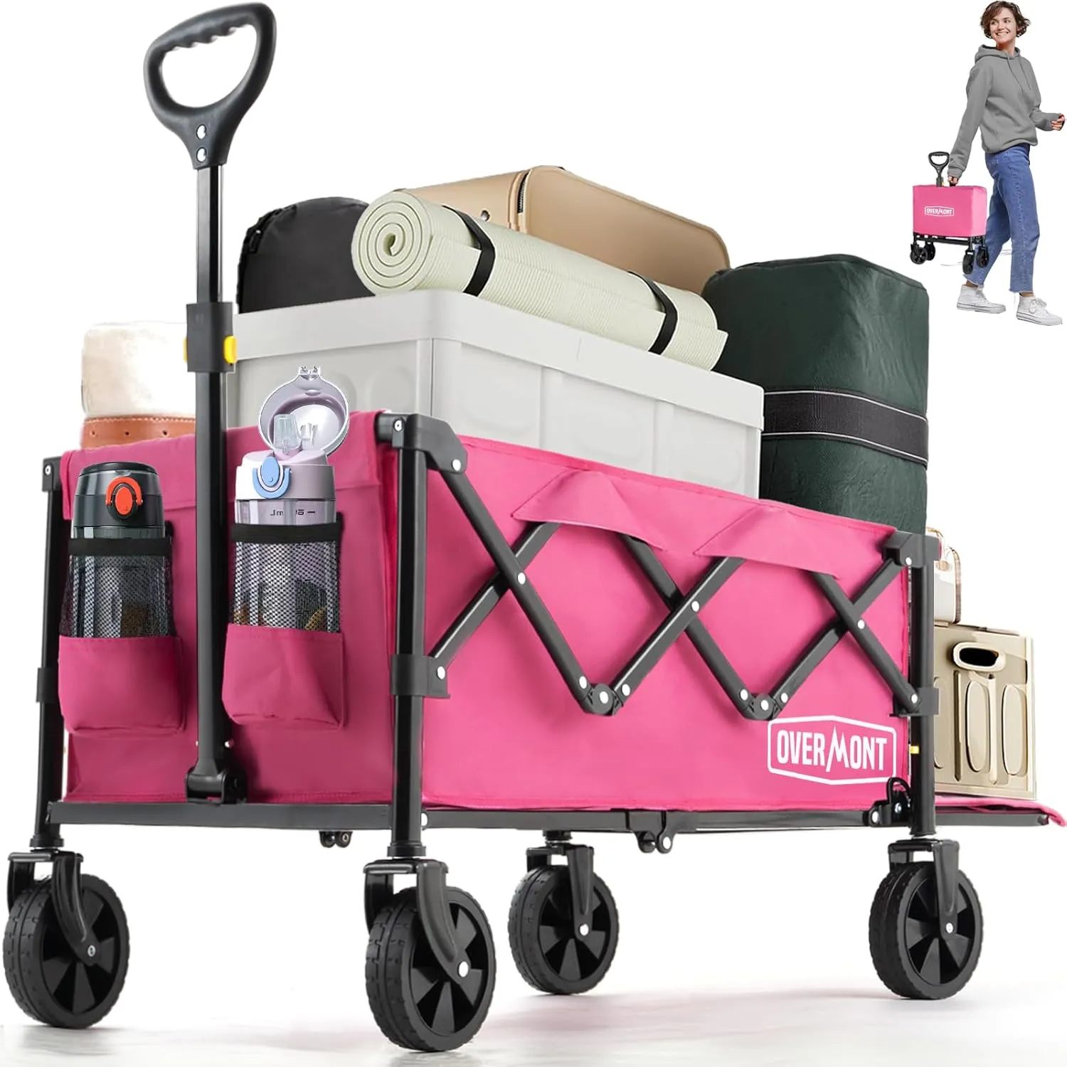 OVERMONT Collapsible Foldable Wagon Cart - 220lbs Extended Lightweight Portable Folding Utility Wagons with Wheels - 100L Small Garden Grocery Cart for Shopping, Grocery,Sports,Garden