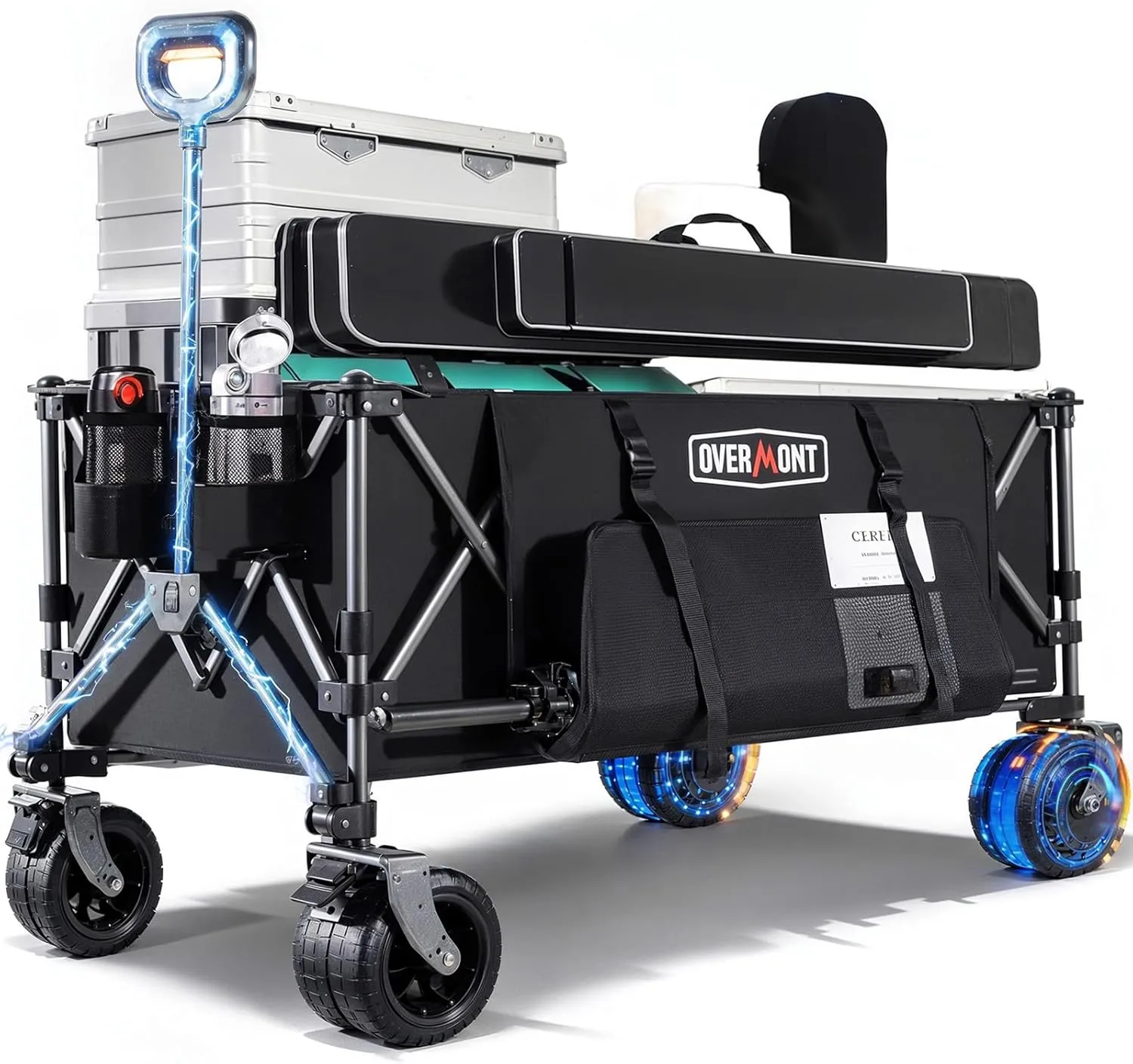 Overmont Electric Collapsible Folding Wagon - 200L Foldable Cart with All Terrain Wheels Brakes - 12 Miles of Long Battery Life - Portable for Camping Garden Heavy Duty Shopping, Support Up to 330lbs
