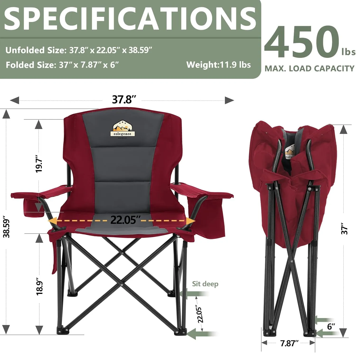 Oversized Camping Chairs 2 Pack - 450lbs Support Heavy Duty Folding Camp Chair Wide Portable Outside Collapsible Chairs with Carry Bag,Cooler,Cup Holder for Outdoor,Lawn,Sports,Baseball,Soccer-Red