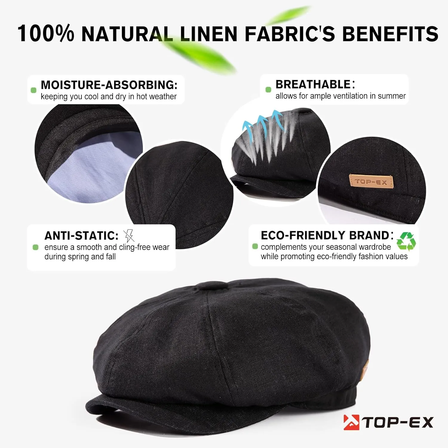 Oversized XL XXL Natural Linen Flat Cap Lightweight 8 Panel Summer Cooling Eco-Friendly Newsboy Hat Golf Outdoor